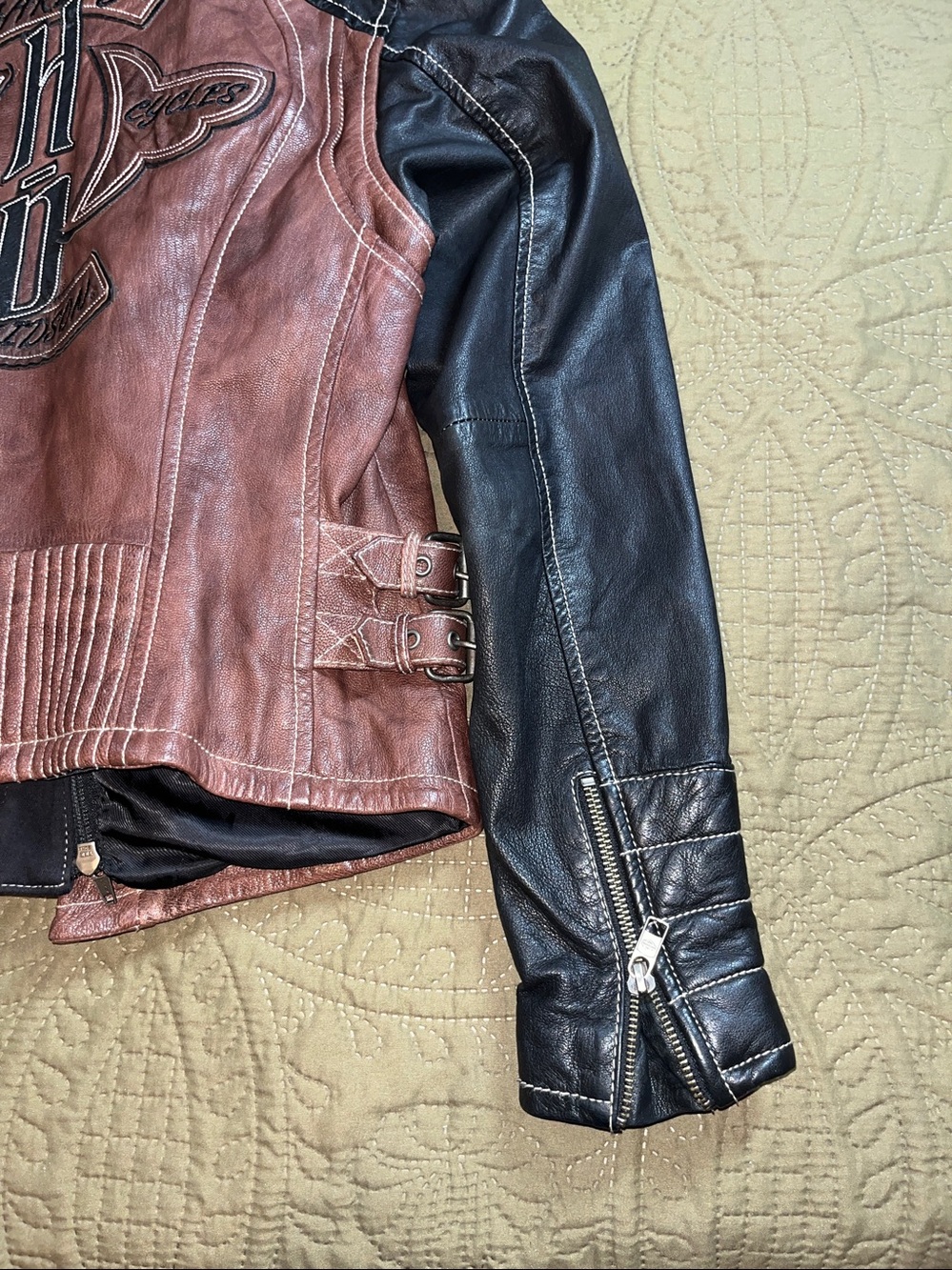 HARLEY DAVIDSON Ladies 3in1 Brown/Black Leather Moto Jacket Embroidered PERFECT - Picture 4 of 10
